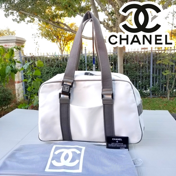 Chanel Rare Sports Line White Canvas Vintage Boston 40 duffle Carryall Tote bag - Picture 1 of 16